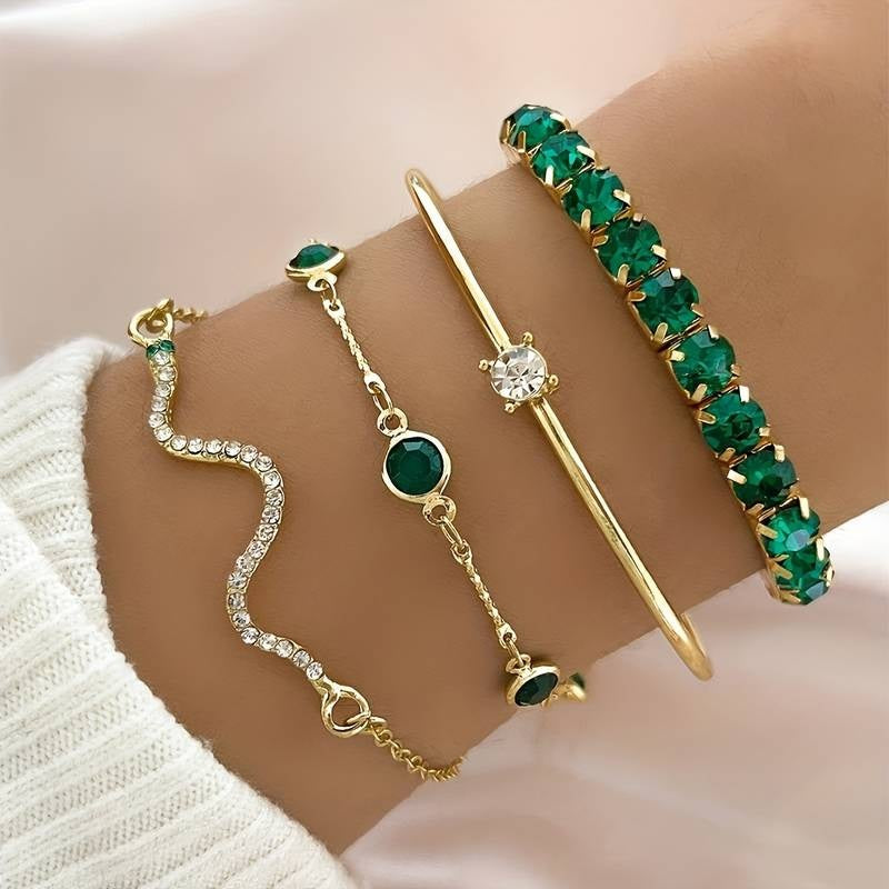 Ensemble de 4 Bracelets Raffinés avec Pierres verts Émeraude - Éclat Sophistiqué