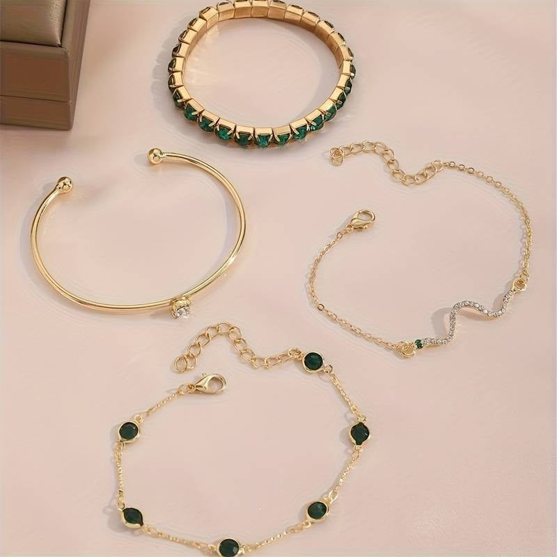 Ensemble de 4 Bracelets Raffinés avec Pierres verts Émeraude - Éclat Sophistiqué