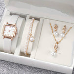 Load image into Gallery viewer, Coffret 5 pièces : Montre Contemporaine, 2 Bracelets Perlé, Collier et Boucles d&#39;Oreilles: L&#39;Alliance du Style et de la Grâce

