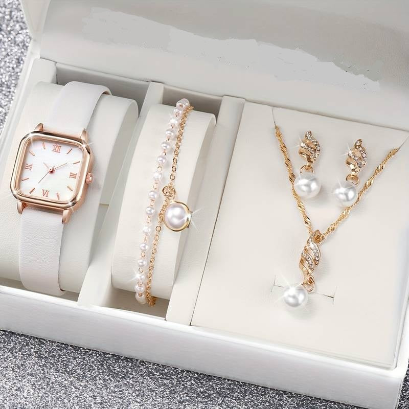 Coffret 5 pièces : Montre Contemporaine, 2 Bracelets Perlé, Collier et Boucles d'Oreilles: L'Alliance du Style et de la Grâce