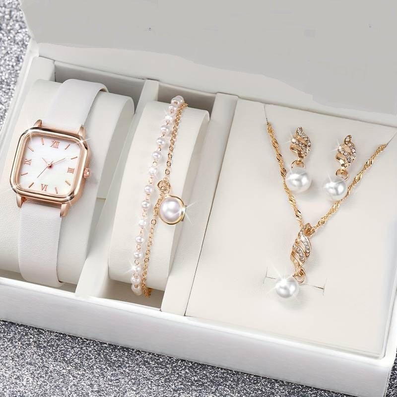 Coffret 5 pièces : Montre Contemporaine, 2 Bracelets Perlé, Collier et Boucles d'Oreilles: L'Alliance du Style et de la Grâce