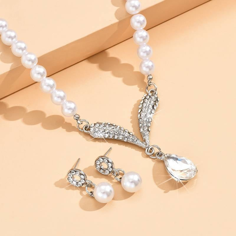 Ensemble Collier et Boucles d'Oreilles avec Perles et Pendentif Goutte