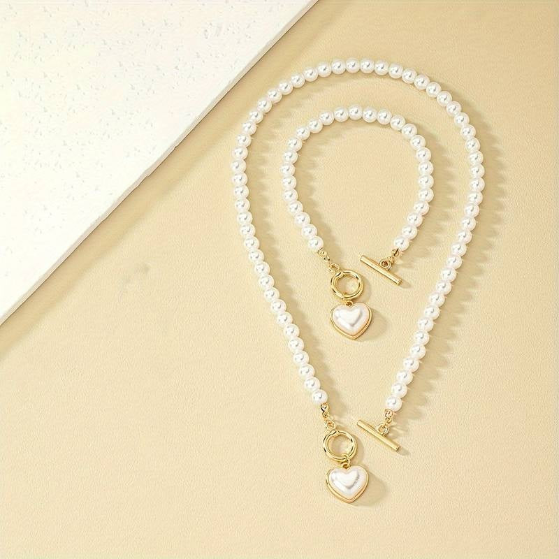 Ensemble Collier et Bracelet de Perles avec Pendentifs Cœur - Romantique et Chic