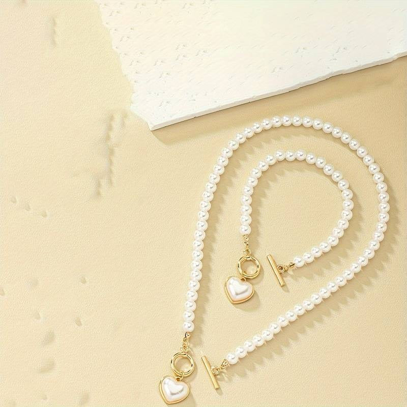 Ensemble Collier et Bracelet de Perles avec Pendentifs Cœur - Romantique et Chic