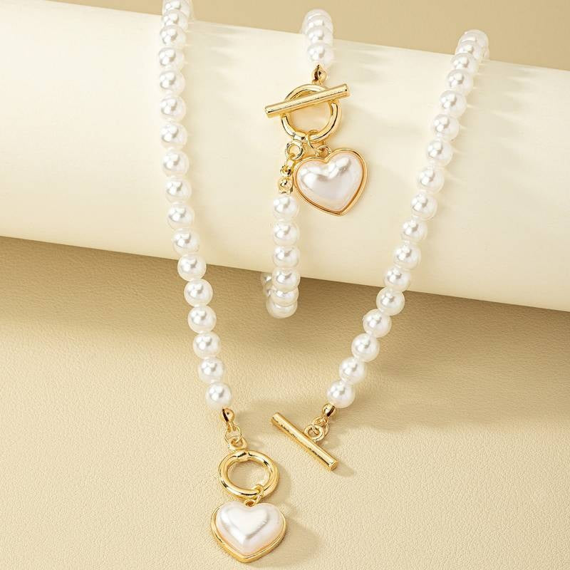 Ensemble Collier et Bracelet de Perles avec Pendentifs Cœur - Romantique et Chic