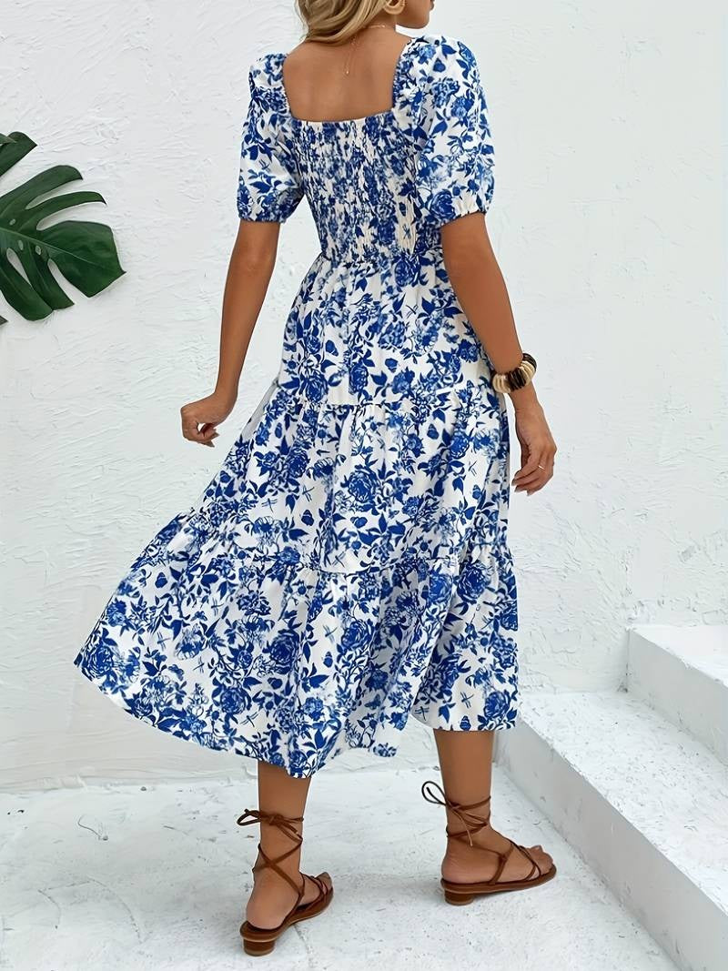 Robe Midi à Motif Floral Bleu - L'Essence de l'Élégance Estivale