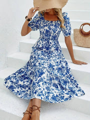 Robe Midi à Motif Floral Bleu - L'Essence de l'Élégance Estivale
