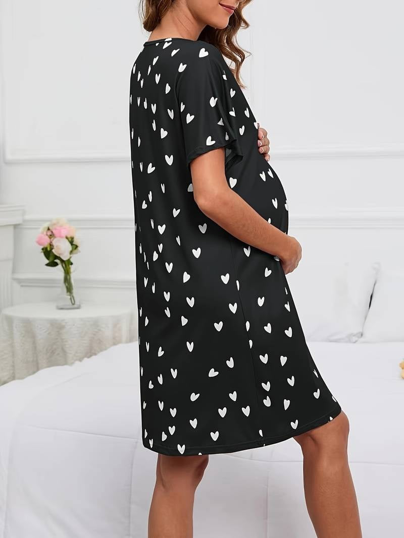 Robe de Maternité Chic à Motif Cœurs - Douceur et Style au Quotidien